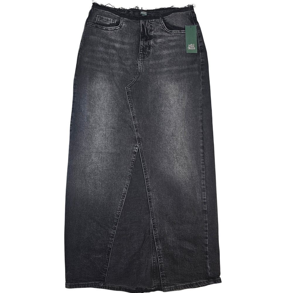 Wild Fable Black Denim Maxi Skirt Front Slit Raw Hem Size 4R NWT